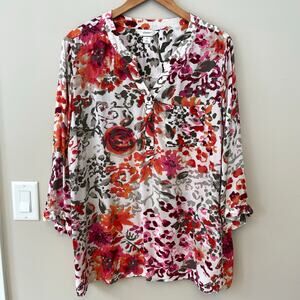 CJ Banks Rayon Lightweight Blouse Size 2X Watercolor 3/4 Sleeve Floral
